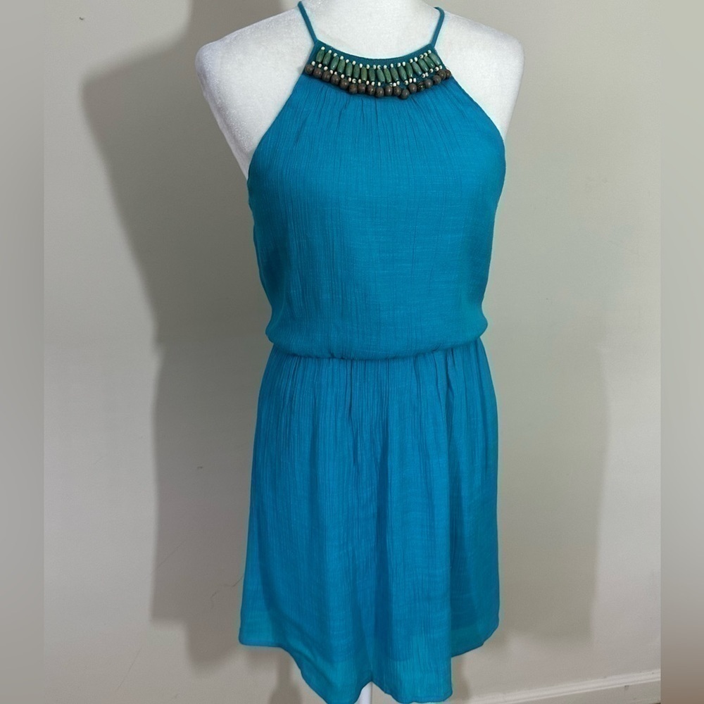 As U Wish sz med dressy dress turquoise. Beaded neckline. Silky feel